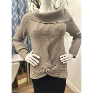 NY & Co Sweater Cable Chunky Knit Tan Women Sz M Cowl Neck Pullover Beige Classy